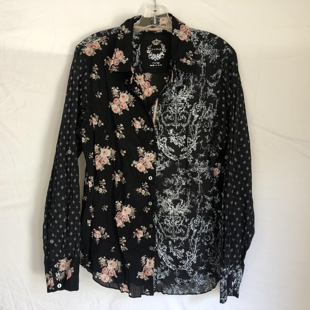 Cino Shirt Womens XL Black Floral Mixed Button Front Long Sleeve
